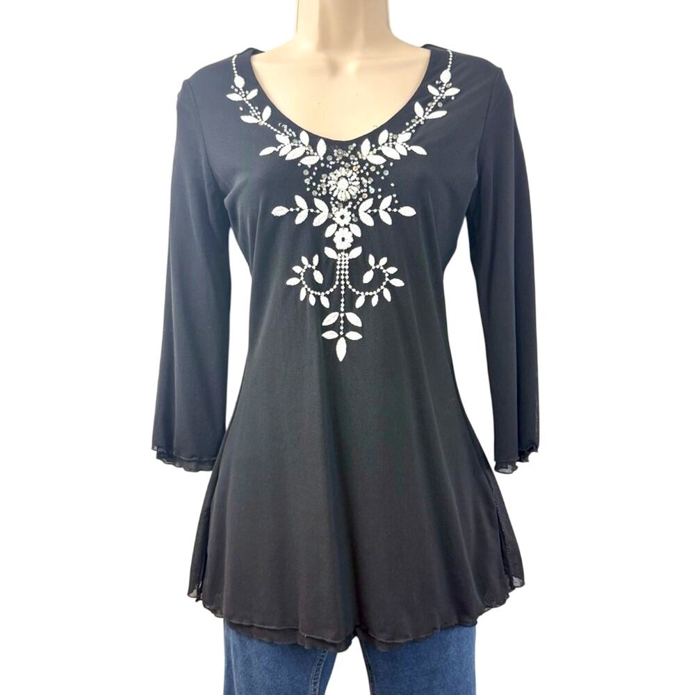 Y2k Oscar de la Renta Black Gauze White Embroidered Sequin Top